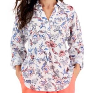 Charter Club White Blue Red Floral Linen Roll-Tab-Sleeve Pullover Shirt SZ Large